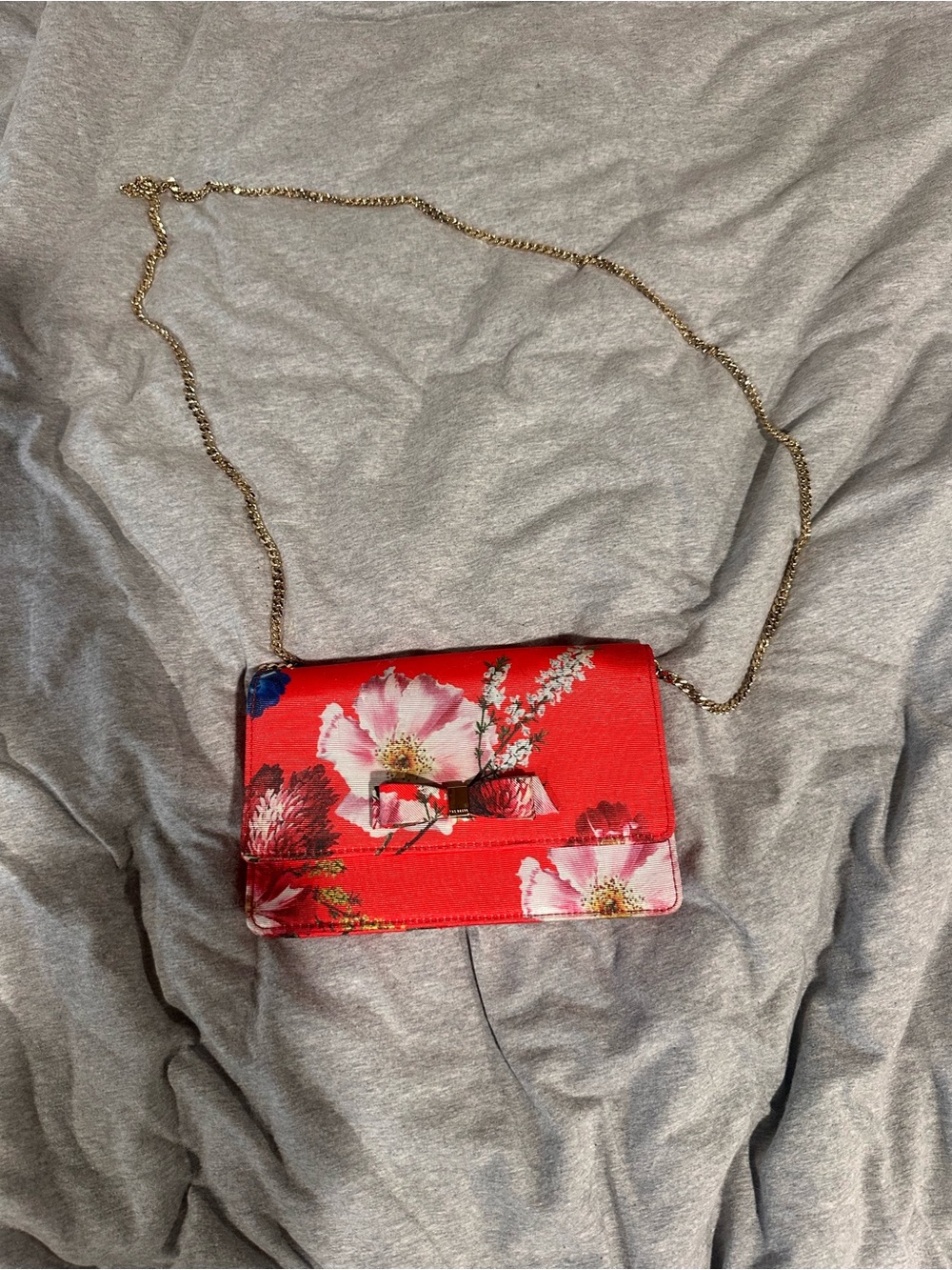 Ted Baker Red Floral Crossbody Bag with removable Gold Chain Strap